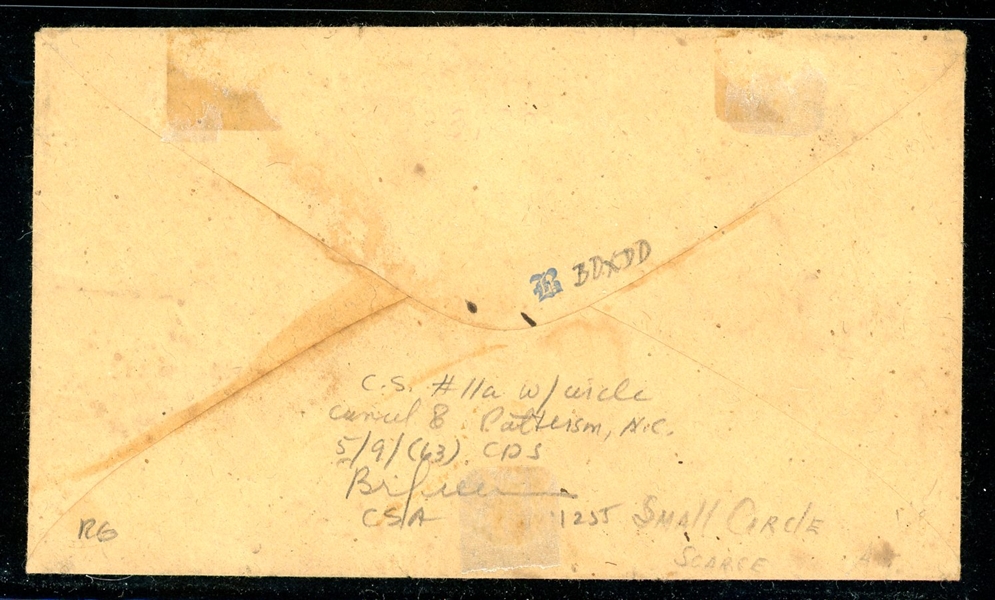 CSA Scott 11 Cover with NC Ring Cancel, 1863, Possibly Unique (Est $250-300)