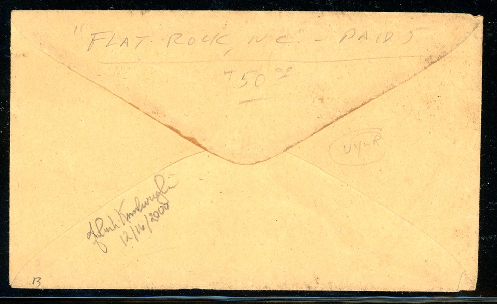 CSA Cover Flat Rock NC PAID 5 Middleton Correspondence (Est $100-150)