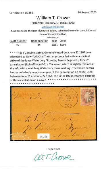 USA Scott 65 on Cover, Waterbury Cancel Rohloff Type P-31 with 2020 Crowe Cert (Est $350-450)