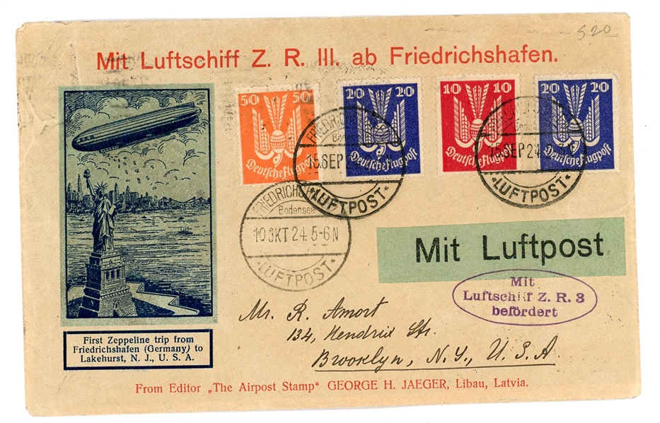 Germany 1924 Zeppelin Cover, Flight LZ-126, Z.R.3 (Est $40-60)