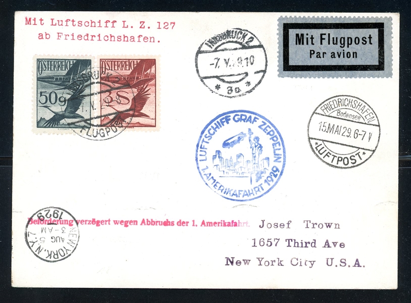 Austria 1929 Zeppelin Card, Flight LZ-127, America Trip (Est $60-80)