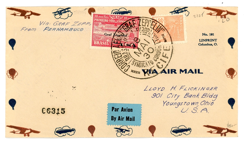 Brazil 1930 Zeppelin Cover, Flight LZ-127, Brazil to Lakehurst (Est $75-100)