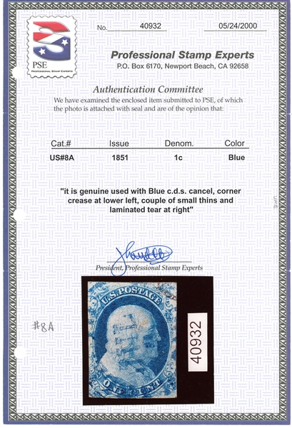 USA Scott 8A Used, Type IIIa, Faults with 2000 PSE Cert (SCV $850)