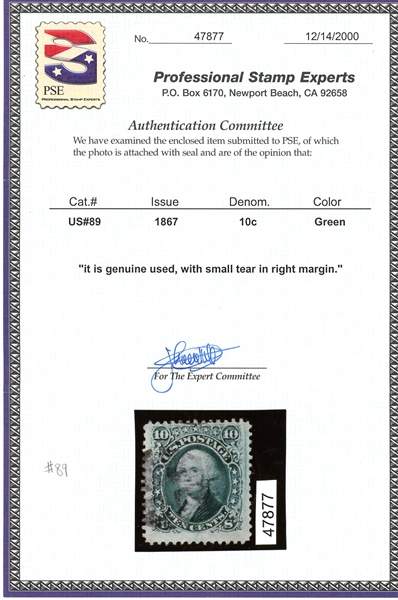 USA Scott 89 Used F-VF, Fault with 2000 PSE Cert (SCV $350)