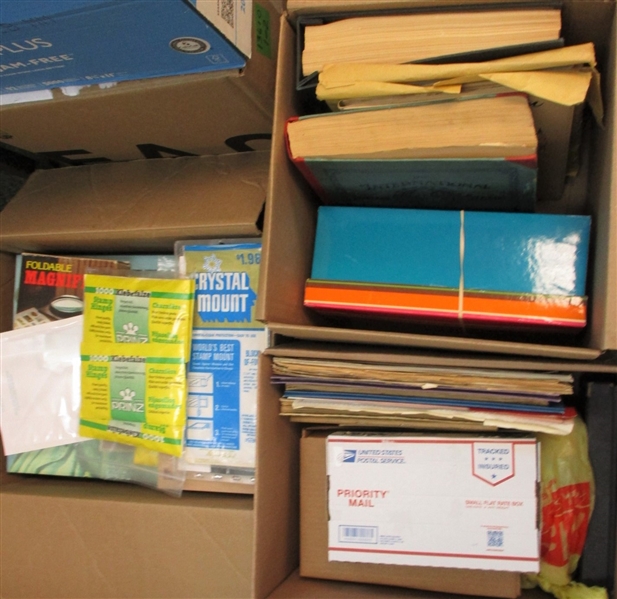 Stamps, Albums, Supplies in 3 Boxes - OFFICE PICKUP ONLY!