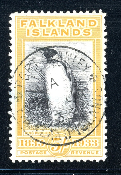 Falkland Islands Scott 74 Used, F-VF, 1933 Penguin (SCV $1500)
