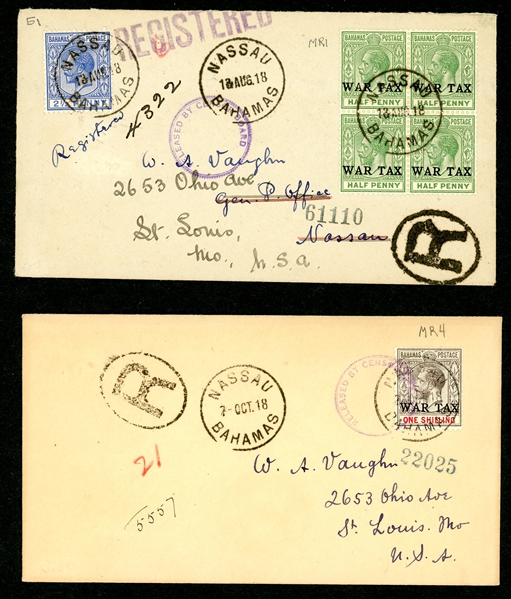 Bahamas 2 Registered Censored Covers, 1918 Scarce War Tax Frankings (Est $250-350)