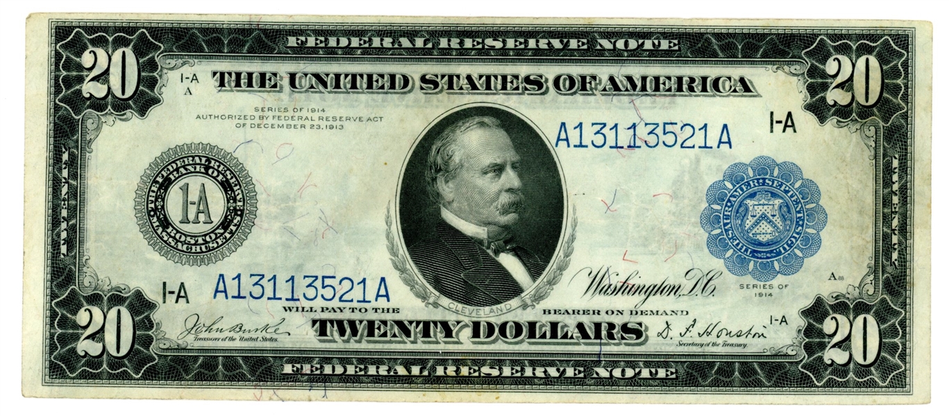 USA 1914 $20 Federal Reserve Note, Blue Seal, Boston Fine++ Condition