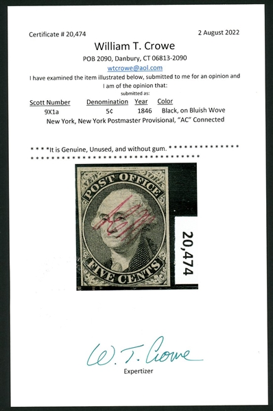 USA Scott 9X1a Unused, ACM Connected with 2021 Crowe Cert (SCV $1750)