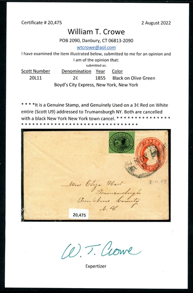 Boyd's City Express Cover, New York 1855, 2021 Crowe Cert (SCV $350)