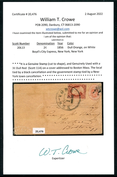 Boyd's City Express Cover, New York 1856, 2021 Crowe Cert (SCV $400)