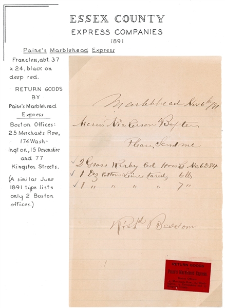 T. T. Paine's Marblehead Express Label on Receipt (Est $75-100)