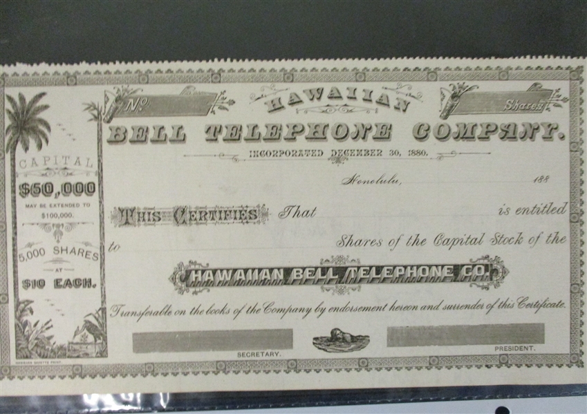 Hawaiian Bell Telephone Company Stock Certificate, 1880 (Est $100-150)