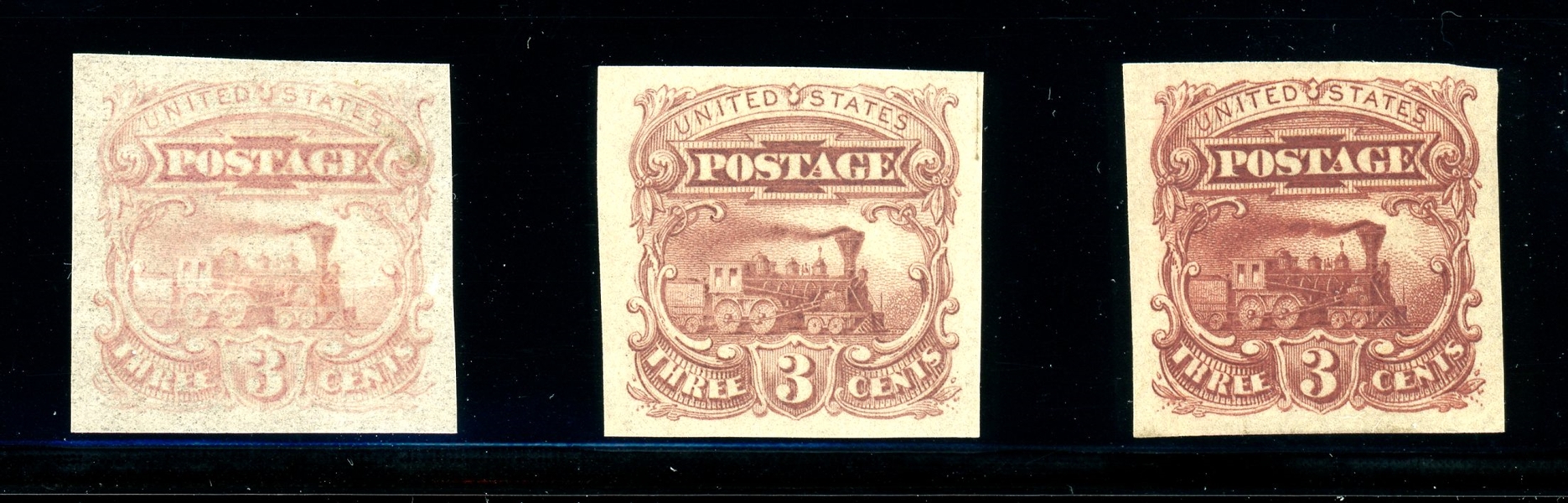 USA Scott 114-E6b, 3c Locomotive Plate Essays, 3 Different Colors (SCV $255)