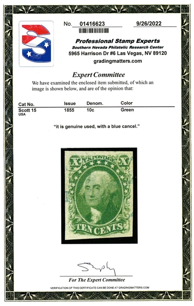 USA Scott 15 Used VF, Blue Cancel with 2022 PSE Certificate (SCV $180)