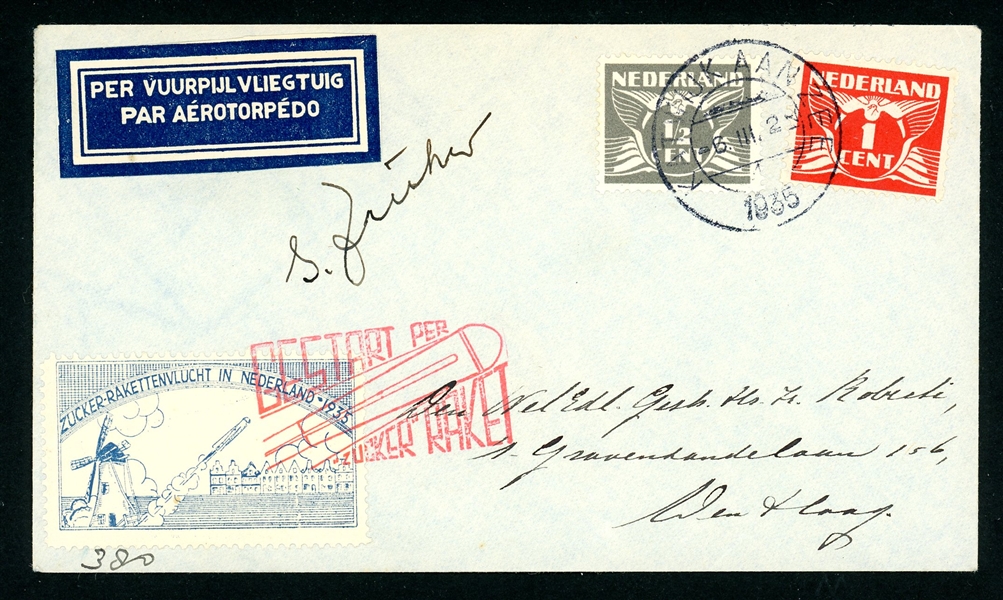 Netherlands 1935 Rocket Mail Cover, Signed Zucker (Est $60-90)