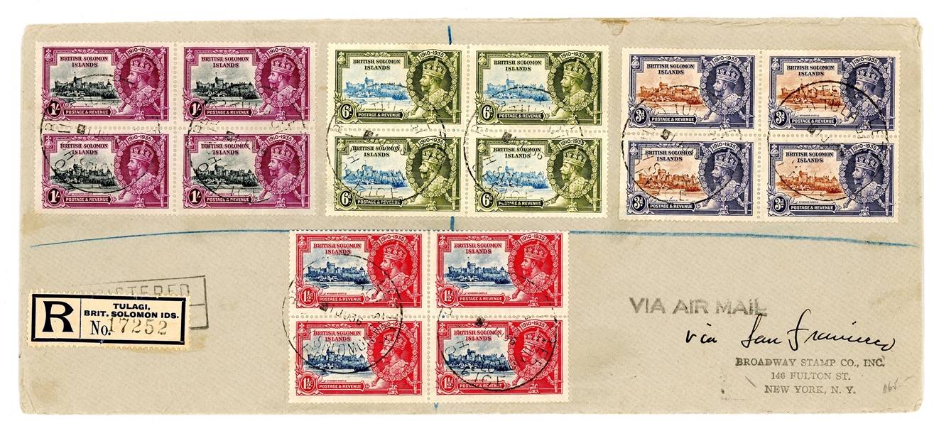 Solomon Islands Scott 60-63 Blocks on 1936 Registered Cover to USA (Est $80-120)