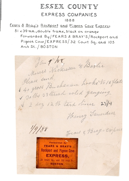 Fears & Bray's Rockport and Pigeon Cove Express Label on Handwritten Merchandise Order, 1888 (Est $75-100)