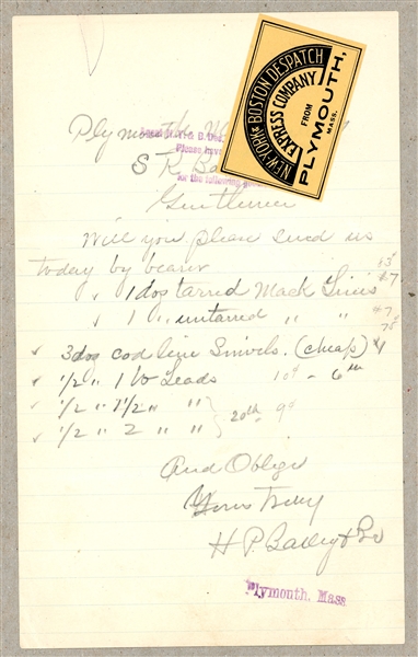 New York & Boston Despatch Express Label on Handwritten Merchandise Order, 1900 (Est $75-100)