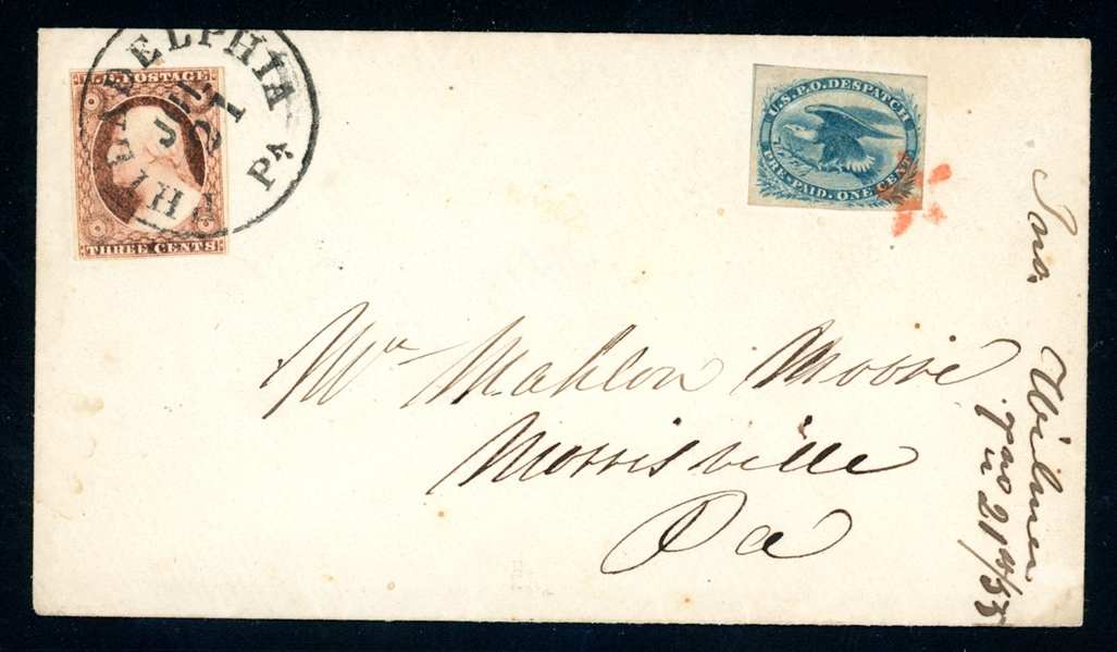 USA Scott 11A, LO2 on 1855 Cover, Philadelphia CDS with 2020 APS Cert (SCV $500)
