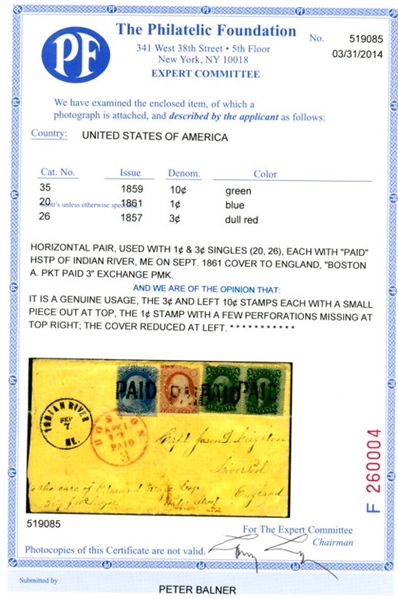 USA Scott 20, 26, 35 on 1861 Cover to England with 2014 PFC (Est $150-200)