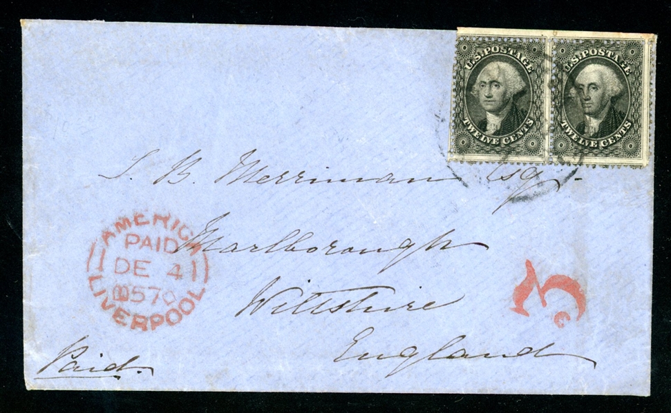 USA Scott 36 Pair on 1857 Cover to England with 1998 APS Cert (SCV $850)