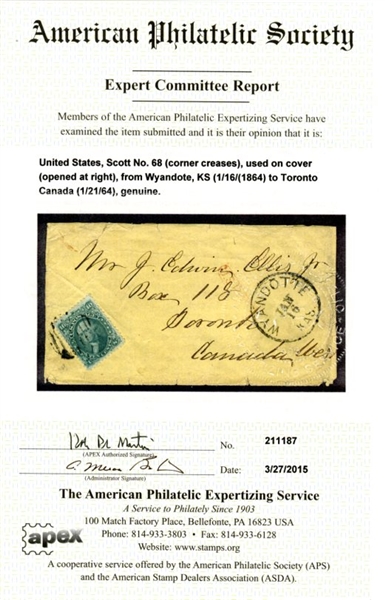 USA Scott 68 on 1864 Cover to Canada with 2015 APS Cert (SCV $100)