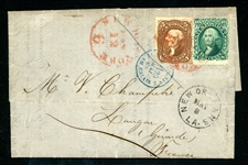 USA Scott 68, 75 on 1868 Folded letter to France (Est $150-250)