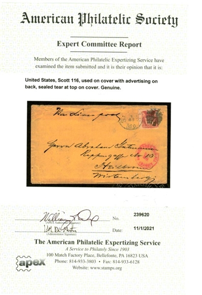 USA Scott 116 on 1870 Advertising Cover to Germany with 2021 APS Cert (SCV $375+)