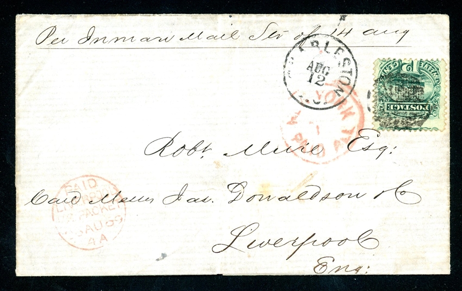 USA Scott 117 on 1869 Cover to Liverpool with 2019 APS Cert (SCV $450) 