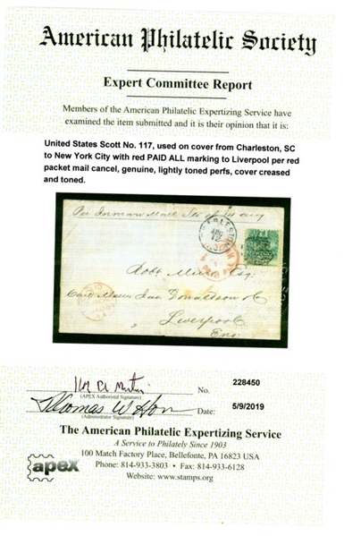 USA Scott 117 on 1869 Cover to Liverpool with 2019 APS Cert (SCV $450) 