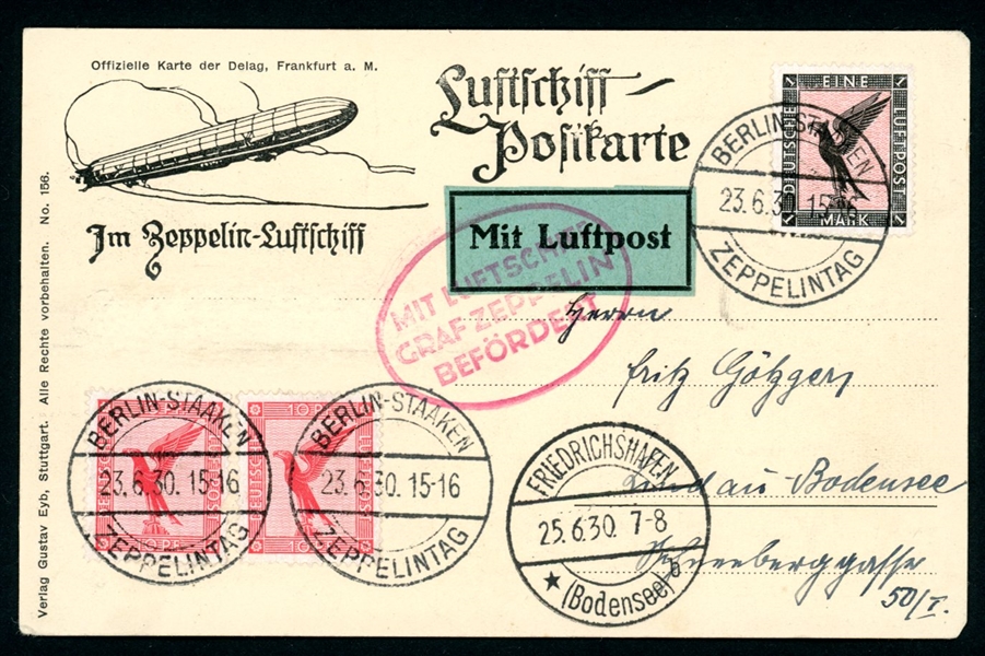 Germany Scott C32 Zeppelin Flown Card, 1930 (Est $60-90)