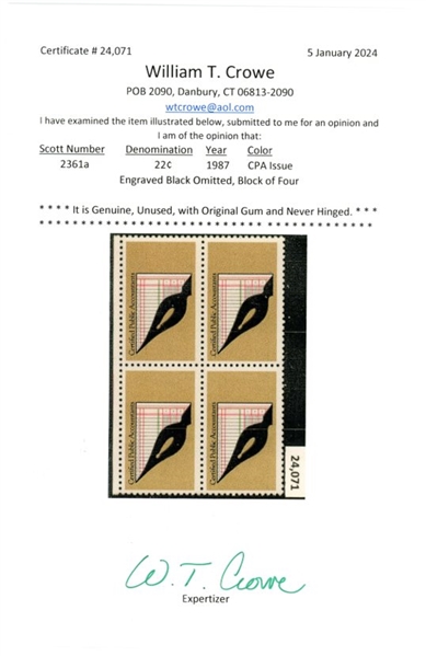 USA Scott 2361a MNH Block/4, 1987 CPA Stamp, Engraved Black Omitted (SCV $1000)