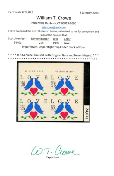 USA Scott 2440a MNH Imperf Block/4, 1990 Love Stamp (SCV $1100)