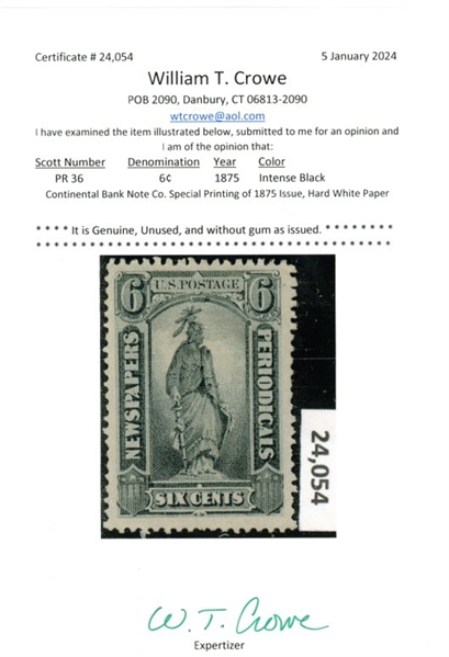 USA Scott PR36 F-VF, 1875 Hard White Paper, 6¢ Newspaper with 2024 Crowe Cert (SCV $1000)