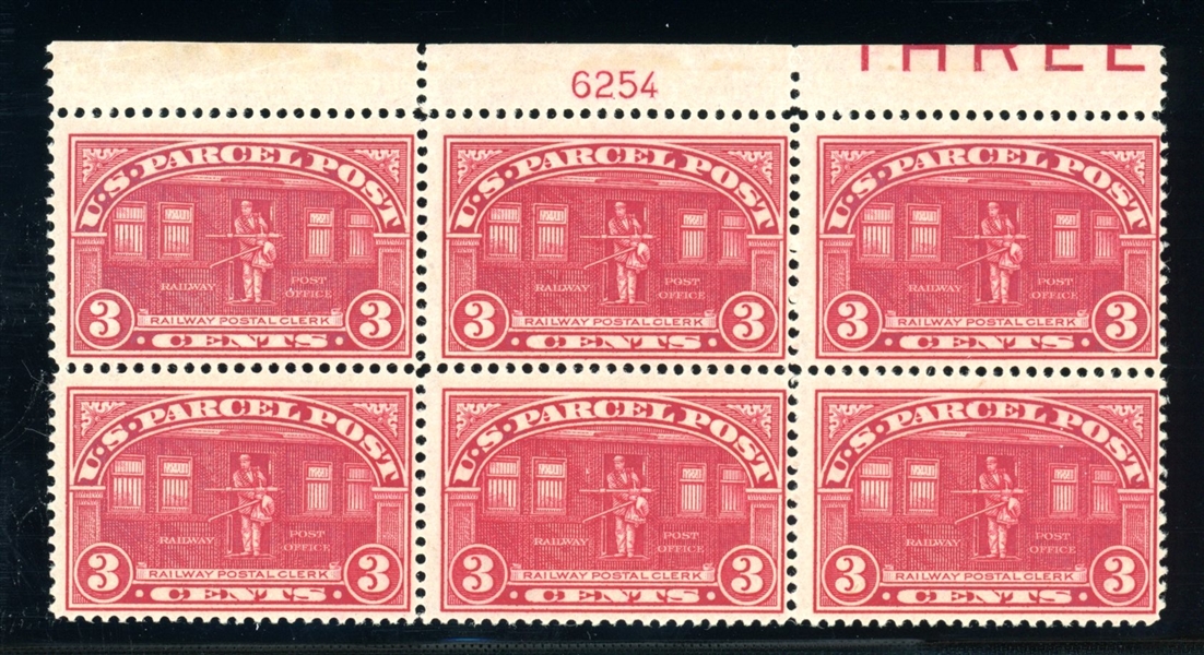 USA Scott Q3 MH Top Plate Block/6, 3¢ Parcel Post (SCV $225)