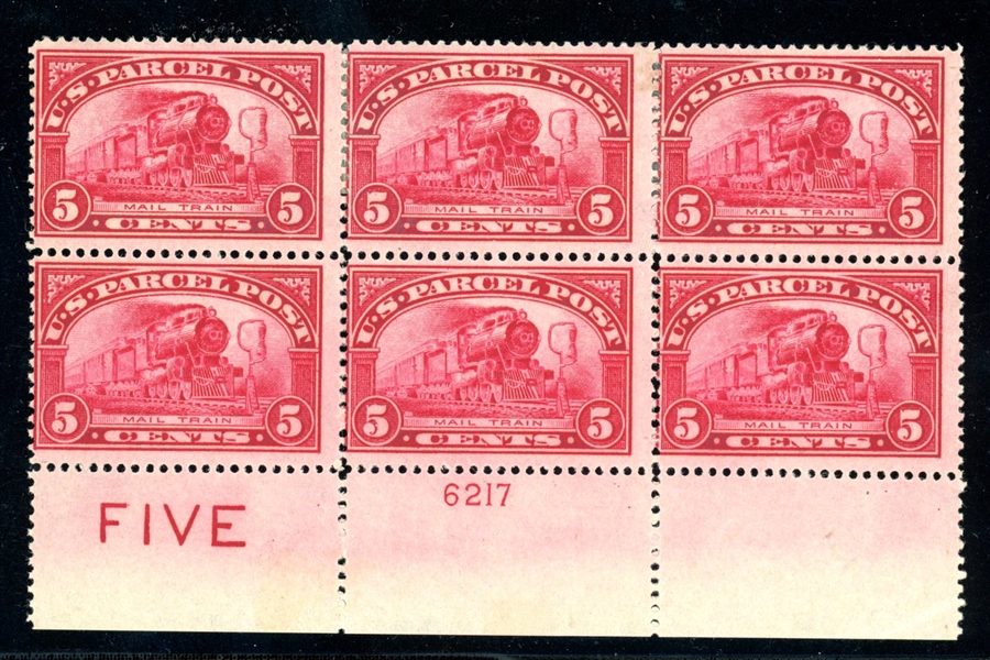USA Scott Q5 MH Bottom Plate Block/6, 5¢ Parcel Post (SCV $975)