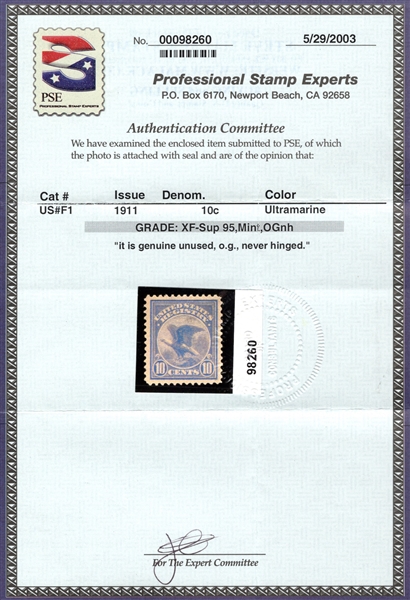 USA Scott F1 MNH, 2003 PSE Certificate Graded 95 (SCV $450) 