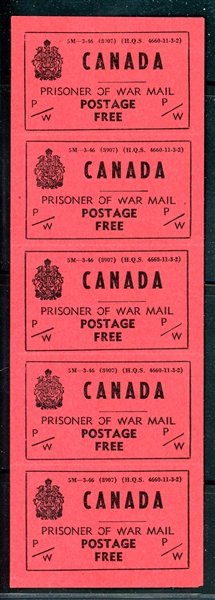 Canada Prisoner of War Free Franks Unitrade PWF6 Pane of 5 (UTC $275+)