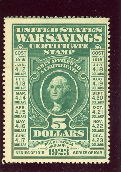 USA Scott WS2 Unused, Fine, $5 War Savings 1917 Issue (SCV $125)