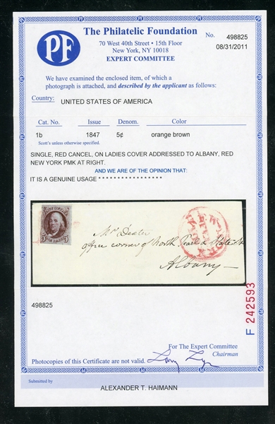 USA Scott 1b on Ladies Cover, Red Cancel with 2011 PF Certificate (Est $350-400)