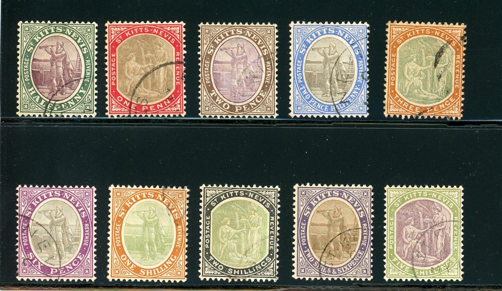 St. Kitts Nevis Scott 1-10 Used Complete Set, F-VF, 1903 Columbus (SCV $246.05)