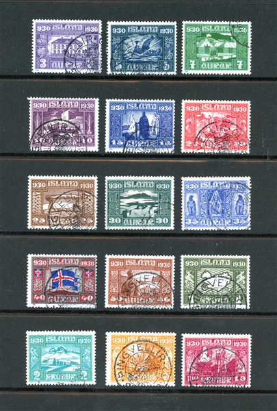 Iceland Scott 152-166 Used Complete Set - 1930 Parliament (SCV $964)