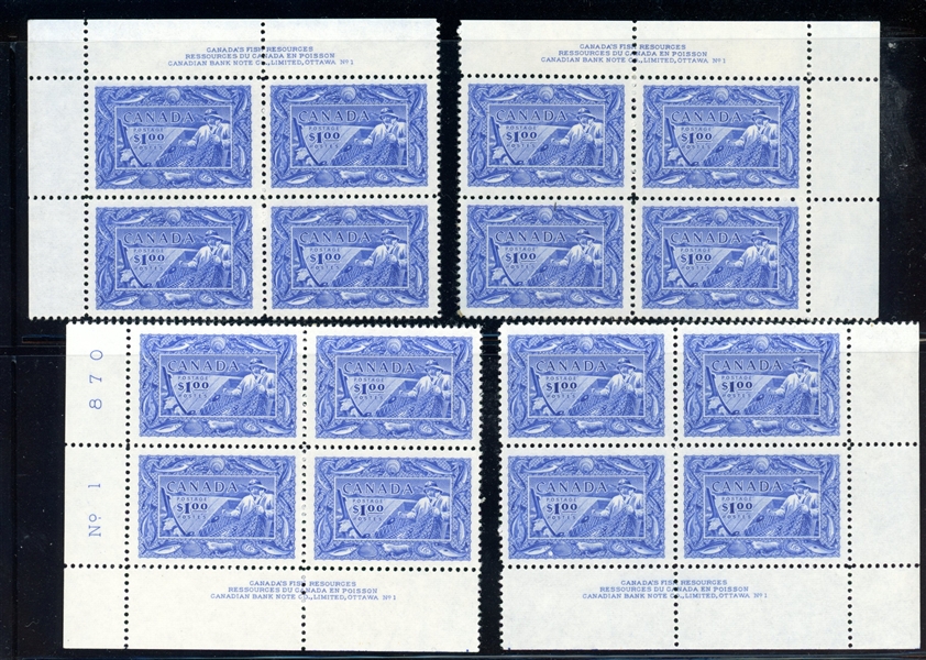 Canada Scott 302 Matching Plate Blocks MH F-VF, 1951 Fisheries (UTC $1200)
