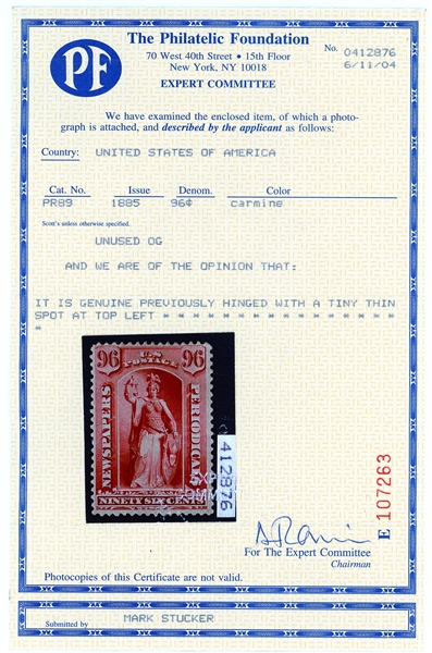 USA Scott PR89 MH Fine+, 1885 96c Issue with 2004 PFC (SCV $750)