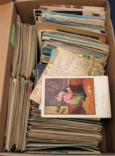 Large Shoebox with 600 US and Foreign Postcards, 1906-1960's (Est $100-150)