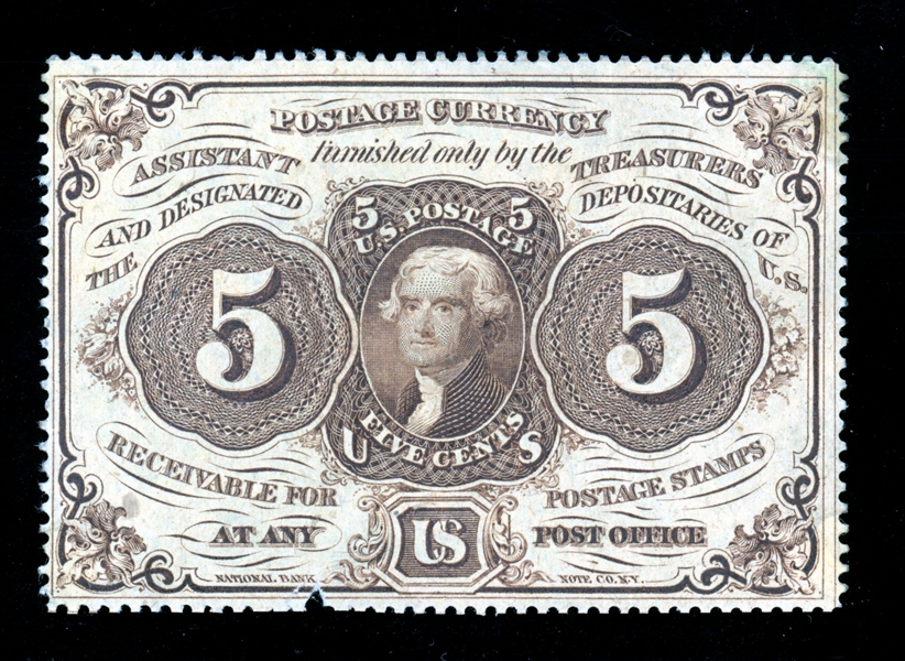 USA Scott PC1, 5c Jefferson Postage Currency, Fine, Fault (SCV $190)