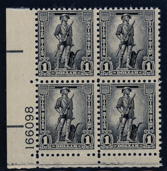 USA Scott S4 MNH Plate Block, Fine 1957 $1 Minute Man Savings  (SCV $120)