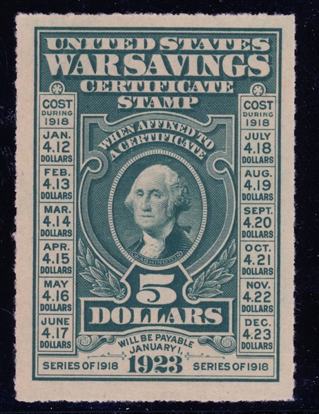USA Scott WS3 MNG VF, $5 War Savings, Rouletted  (SCV $475)