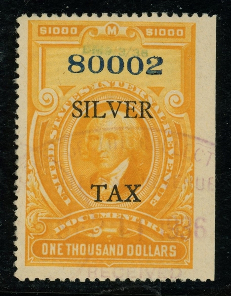 USA Scott RG27 Used, $1000 Orange Silver Tax, 11mm Spacing (SCV $2250)